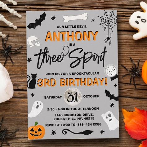 $1.98 | Three Spirit! Halloween 3rd Birthday #spiders cobwebs, flying bats, ghosts, jack-o-lantern pumpkin, halloween birthday party, 3rd birthday, three spirit, third birthday, black white grey orange, modern and trendy Bone Magic, Witches Broomstick, Halloween 1st Birthdays, Spooky One, Flying Bats, Halloween Birthday Invitations, Halloween 4, 2nd Birthday Invitations, Fourth Birthday