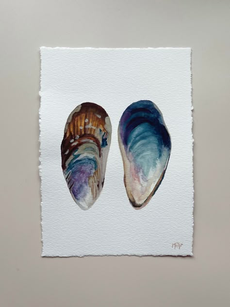 Oyster Shell Watercolor, Shell Watercolor Painting, Seashell Illustration Drawing, Watercolour Seashells, Gauche Paint, Art Is Dead, Ocean Watercolor, Seaside Art, Watercolor Calligraphy