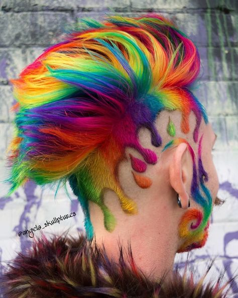 Rainbow Drip Hair 🌈 by @angela_skullptures using @manicpanicnyc . #esteticalikes #rainbowhair #hairart Shaved Hair Designs, Mens Hair Colour, Rainbow Hair Color, Hair Color Crazy, Men Hair Color, Punk Hair, Hair Tattoos, Creative Hairstyles, Artistic Hair