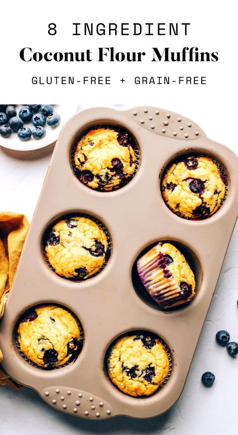 Mspi Meals, Coconut Flour Desserts, Coconut Flour Blueberry Muffins, Coconut Flour Muffins, Blueberry Yogurt Muffins, Blueberry Protein Muffins, Gf Sweets, Baking With Coconut Flour, Banana Blueberry Muffins