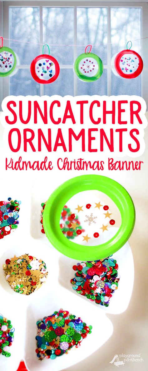 Let your kids help create their own Christmas decor with this simple Suncatcher Christmas Ornament Christmas Banner. A great craft for kids of all ages, from toddlers to teens. Make as many as you want and string them up in front of your windows to capture the fleeting winter light! | Kids Crafts | Christmas Craft | Holiday Decor | DIY | Kids Crafts Christmas, Holiday Decor Diy, Diy Christmas Lights, Kids Help, Christmas Crafts For Toddlers, Room Fireplace, Banner Christmas, Christmas Craft Fair, Crafts For Teens To Make