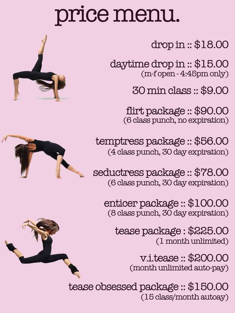 This would be a good template for studio class pricing Opening A Dance Studio, Hip Hop Dance Studio, Studio Design Ideas, Dance Teacher Tools, Dancing Studio, Pole Studio, Dance Studio Design, Pole Dance Studio, Dance Studio Decor