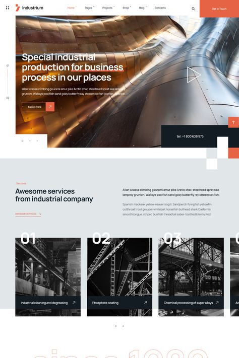 Industrium is a powerful and professional WordPress theme designed for industrial and manufacturing companies. The theme is fully responsive and customizable, making it easy to create a website that showcases your products and services. With its clean and modern design, you can display your company's information and projects in an organized and visually appealing way. The theme is also optimized for SEO and includes features such as contact forms, Google Maps, and more. Industrial Presentation Design, Sports Presentation, Modern Website Design Inspiration, Website Design Modern, Website Design Inspiration Business, Corporate Web Design, Corporate Website Design, Website Design Wordpress, Best Website Design