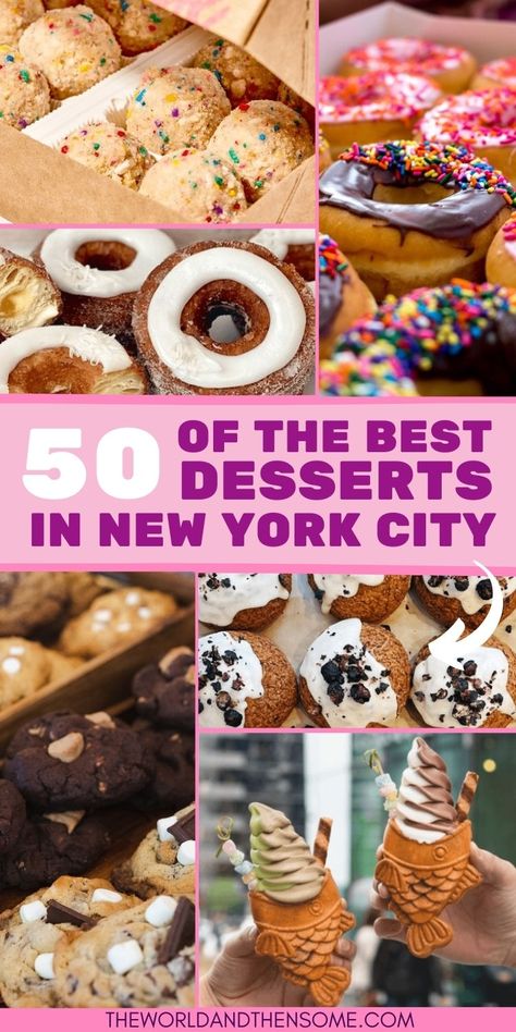 A montage of different desserts in NYC, including cookies, donuts and icecream. Best Places To Eat In Nyc, Spot Dessert Bar, Best Places To Eat New York, New York Desserts, Places To Eat Nyc, Best Cheesecake In Nyc, Cookies Nyc, Best Bakeries In Nyc, Nyc Cake