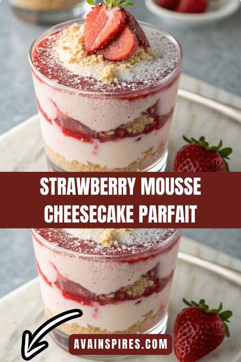 Strawberry Mousse Cheesecake Parfait Strawberry Mouse Desserts, Whipped Cheesecake, Christmas Parfait, Strawberry Cheesecake Mousse, Cheesecake Parfait Recipes, Mini Strawberry Shortcake, Cheesecake Parfait, Trifle Bowl Recipes, Cheesecake Mousse Recipe