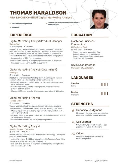 Our guide on writing resumes with good and bad Digital Marketing Analyst resume samples. These examples will help you land the job you always wanted Marketing Resume Examples, Cv Infographic, Marketing Analyst, Analyst Resume, Marketing Examples, Marketing Resume, Marketing Analytics, Display Advertising, On Writing