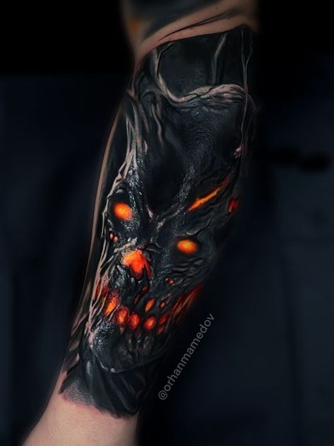 Colour Forearm Tattoo Men, Dark Cover Ups Tattoos, Demon Sleeve Tattoo For Men, Demonic Tattoo Sleeve, Inner Arm Tattoo Design, Dark Mens Tattoo, Best Cover Up Tattoos For Men Arm, Dark Forearm Tattoo Men, Dark Demon Tattoo