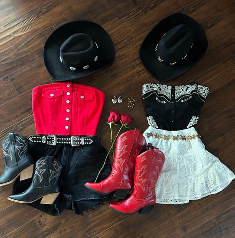 this or that? the answer’s always BOTH! ❤️ . . . . . . . . country concert outfits, western style, trending now, red denim top, black corset top, black cowboy hat, red cowboy boots, summer outfits Boots And Hearts Outfits, Red Cowboy Hat Outfit, Red Country Outfit, Orville Peck Concert Outfit, Black Country Outfits, Red Boots Outfit Western, Red Cowgirl Outfit, Hoedown Outfit, Crew Photoshoot