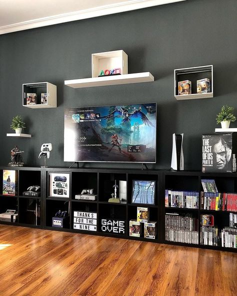 Tv Media Center Ideas, Tv Center Decor, Media Center Ideas, Nerdy Living Room, Nerd Living Room, Geek Living Room, Tv Show Ideas, Loft Decorating Ideas Upstairs, Gamer Living Room