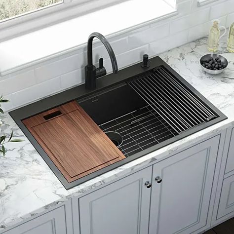 Workstation Sinks, Workstation Sink, Top Mount Kitchen Sink, Unique Kitchen Design, Drop In Kitchen Sink, Black Kitchen Sink, Black Sink, Sink Grid, Undermount Kitchen Sinks