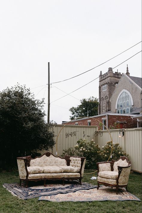 Vintage photo opp for fall wedding. Outdoor rugs. Vintage couch and chair. Light up sign on arch. Fall Wedding Outdoor, Vintage Couch, Light Up Signs, Wedding Outdoor, Rugs Vintage, Photo Op, Vintage Photo, Outdoor Rugs, Vintage Photos