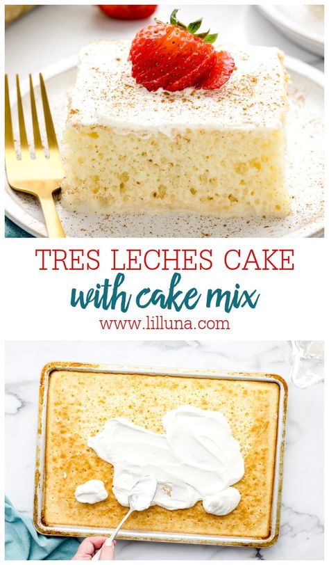 Tres Leches Cake with Cake Mix uses a tasty shortcut to create one delicious, chilled dessert. It's heaven! #treslechescake #cake #tresleches #dessert There’s Leches Cake, Recipes Using White Cake Mix Desserts, Quick Tres Leches Cake, Tres Leches Cookie Recipe, Tres Leches Cake With Box Cake, Tres Leches Desserts, Easy Party Desserts Quick, Easy Tres Leches Cake With Box Cake, Tre Leche Cake Recipes