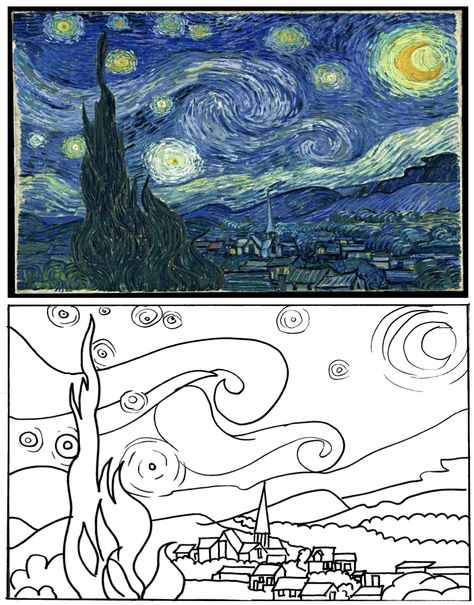 Starry Night Coloring Page, Night Coloring Pages, Starry Night Art, Starry Night Painting, Arte Van Gogh, Famous Paintings, Abstract Art Painting Diy, Painting Art Lesson, Small Canvas Art