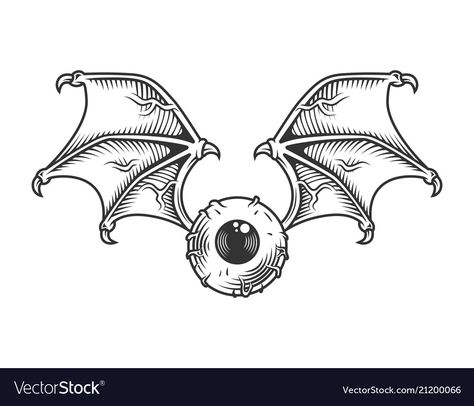 Bat Vintage Illustration, Winged Eye Tattoo, Eyeball Wings Tattoo, Evil Wings Drawing, Flying Eye Tattoo, Eyes With Wings Drawing, Skull With Bat Wings Tattoo, Eyeball With Wings Tattoo, Eye With Wings Drawing