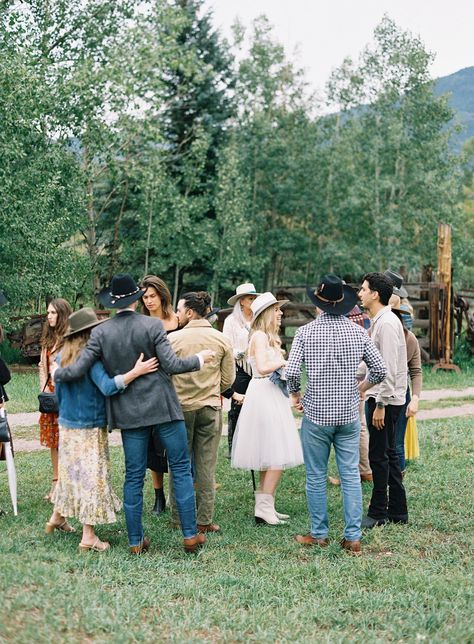 Guests enjoying a western wedding rehearsal in Aspen! Head to the blog to see more from this wedding weekend in Aspen! Rehearsal Dinner Western Theme, Country Chic Rehearsal Dinner, Cowboy Cocktail Attire Wedding, Western Themed Rehearsal Dinner, Upscale Western Outfit, Western Semi Formal Attire, Western Welcome Party, Montana Wedding Guest Outfit, Country Wedding Outfit Guest