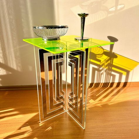 Acrylic Art Deco Design Table Neon Furniture, 80s Apartment, Art Deco Neon, 80s Interior Design, Acrylic Accessories, 80s Interior, Acrylic Coffee Table, Intricate Art, Maximalist Decor