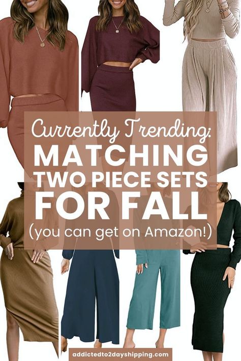 Elevate your fall fashion with trendy two-piece matching sets from Amazon. From cozy sweats to stylish skirts, these sets come in a variety of colors including white, black, brown, pink, green, and more. Whether you're looking for a cute and comfy sweatpants ensemble or a classy linen or silk set, there's something for everyone. Stay on-trend this fall with these fashionable matching sets! Two Piece Sweater Set Outfit, Women’s Two Piece Outfit, Womens Sets Outfit Two Pieces, Womens Two Piece Outfits Matching Set, Fall Sets Outfit, Amazon Two Piece Set, Amazon Matching Sets, Fall Comfortable Outfits, Fall Set Outfit