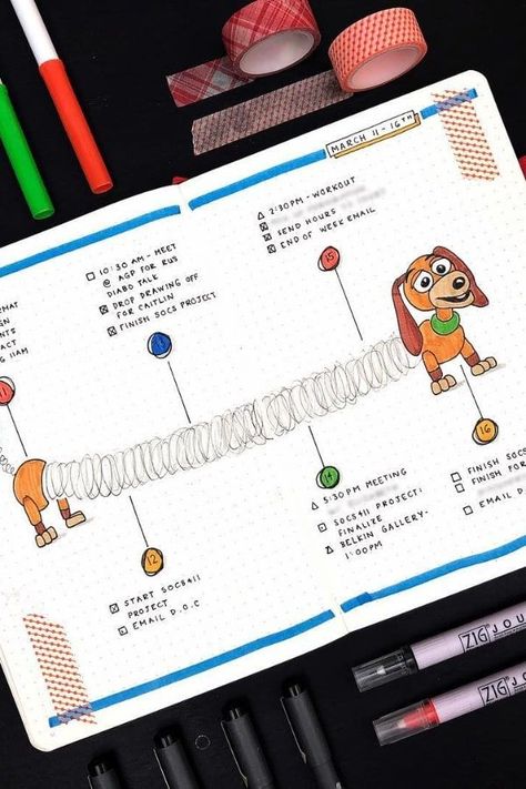 If you're a fan of the Toy Story movies (who isn’t?), you can't go wrong with this slinky dog themed spread inspired by our beloved character from Woody's Roundup. #BuJo #Disney #BulletJournal Notes Journal Ideas, Mapa Mental Ideas, Disney Bullet Journal, Slinky Toy, Slinky Dog, خريطة ذهنية, Mind Map Design, Note Taking Tips, School Book Covers