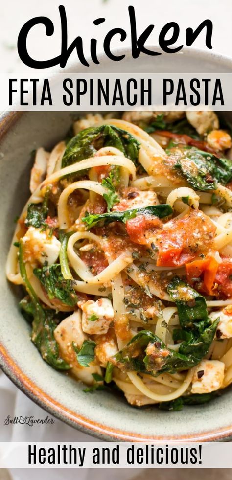 Feta Spinach Pasta, Mediterranean Diet Recipes Chicken, Spinach Pasta Recipe, Chicken Feta, Spinach Pasta Recipes, Mediterranean Recipes Healthy, Healthy Pasta Dishes, Chicken Pasta Dishes, Mediterranean Diet Recipes Dinners