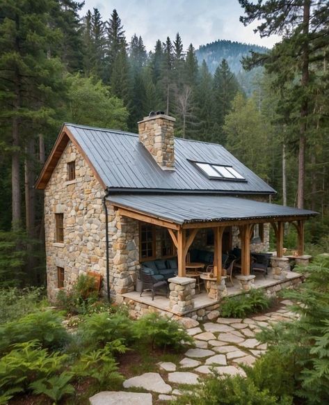 Irish Stone House, Switzerland Cottage, Wood And Stone House Exterior, Pit House, Cottages In The Woods, Small Stone Cottage, Small Stone House, Chalet House, Community Homes