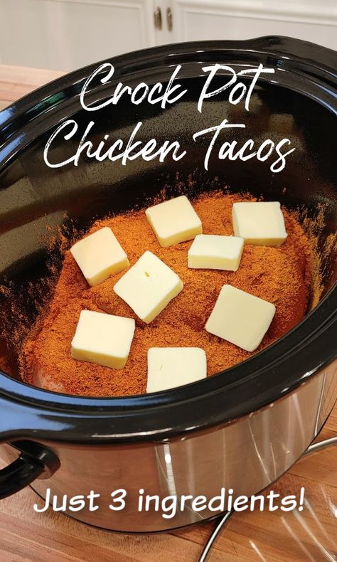 3-Ingredient Crock Pot Chicken Tacos! A super simple slow cooker recipe for shredded Mexican chicken taco meat made with chicken breasts perfect for tacos, burritos, rice bowls and more made with only three ingredients. Barrio Tacos, Chicken Taco Meat, Crock Pot Chicken Tacos, Shredded Mexican Chicken, Chicken Tacos Easy, Chicken Crockpot Recipes Easy, Shredded Chicken Tacos, Chicken Tacos Crockpot, Taco Seasoning Packet