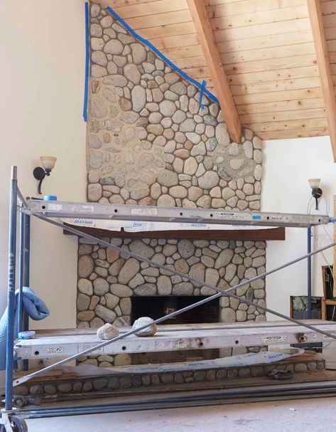 Update A River Rock Fireplace, Refinishing Rock Fireplace, German Smear River Rock Fireplace, Plastering Over Stone Fireplace, German Smear Rock Exterior, Reface Rock Fireplace, Plaster Stone Fireplace, German Schmear River Rock Fireplace, Paint River Rock Fireplace