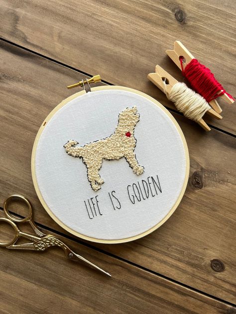 "Celebrate your sweet puppy with this hand embroidered hoop, featuring the message \"Life Is Golden. Puppy is stitched with a puffed red heart to symbolize the loving nature that this wonderful breed displays naturally Finished piece is ready to hang! I hope you enjoy it as much as I do (meet our Doodle named Scout, my sweet girl and inspiration for this piece) Hoop is 5 inches in diameter" Golden Doodle Embroidery, Doodle Embroidery, Life Is Golden, Embroidery Wall Hanging, Lovers Hands, Thread Catcher, Golden Embroidery, Embroidered Hoop, Dog Embroidery