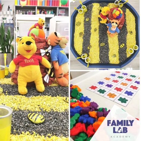 Play with winnie the Pooh in this fun sensory activity Winnie The Pooh Tuff Tray Ideas, Disney Messy Play, Winnie The Pooh Activities For Toddlers, Baby Room Activities Eyfs, Winnie The Pooh Activities, 1st Birthday Activities, Baby Room Ideas Early Years, Baby Room Activities, Sensory Bin Play