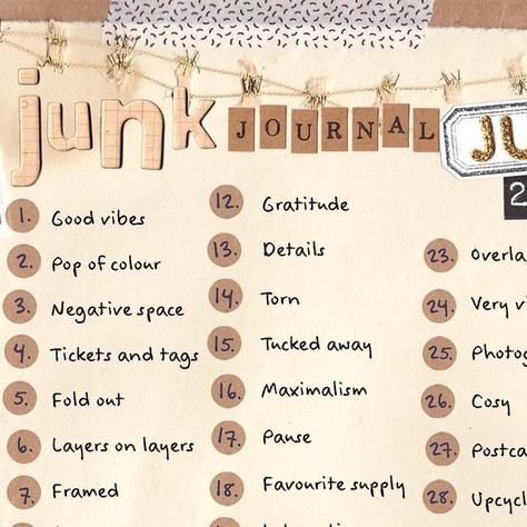 Year Long Craft Projects, Visual Journal Prompts, Art Journal Ideas Creative, Junk Journal Challenge, Junk Journal Prompts List, Junk Journal Pages Ideas, Junk Journal Prompts, Junk Journal Prompt List, Journal Prompts June