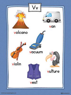 Letter V Word List with Illustrations Printable Poster (Color) Worksheet.Use the Letter V Word List with Illustrations Printable Poster to play letter sound activities or display on a classroom wall. V Words Preschool, Letter Vv Worksheets, V Words For Kids, Atoz Alphabet, Sound Activities, Beginning Letter Sounds, Color Worksheet, Letter Sound Activities, V Words