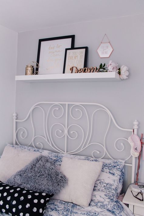 home, interior, over bed shelf, styling Overbed Shelf, Shelves In Bedroom Over Bed, Shelf Above Bed Ideas, Bed Shelf Ideas, Floating Shelves Above Bed, Over Bed Shelf, Shelves Over Bed, Bed Shelving, Shelf Over Bed