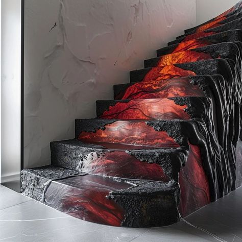 Magma Staircase Design by @designideahub⁠ ⁠ ▶️ Share this with someone who would love this.⁠ ⁠ #productdesign #productdesigner #designinspiration #designinspirations #innovativedesign #innovativeproducts #moderndesign #industrialdesigner #designlove #designideas #archiproducts #creativedesign #homedecoration #design #designdeinteriores #housebeautiful #architecturedesign #minimalism #designlife #innovation #innovations #gadget #gadgetsnews Cool Staircases Creative, Weird Stairs, Galaxy Staircase, Cave Stairs, Fire Stairs Architecture, Live Edge Walnut Dining Table, Countertop Inspiration, Epoxy Countertops, Countertop Design