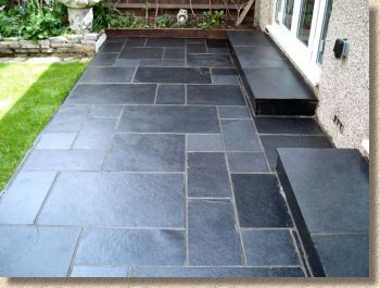 The Curse of Black Limestone | Pavingexpert Limestone Patio, Garden Slabs, Slate Patio, Paving Design, Concrete Patios, Patio Slabs, Front Gardens, Garden Tiles, Exterior Stairs