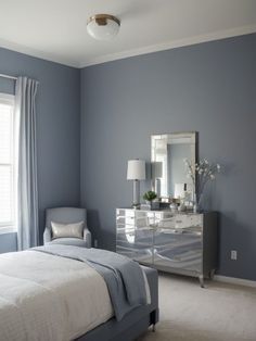 Grey Blue Bedroom, Gray Accent Wall, Blue Gray Bedroom, Grey Accent Wall, Accent Wall Ideas, Accent Wall Paint, Wall Colour, House Bedrooms, Blue Room