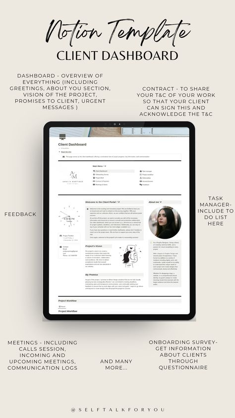 Client Dashboard Notion Template, Notion Client Portal Template, Creative Client Dashboard. Notion Client Portal, Notion Template Ideas, Notion Ideas, Life Planner Organization, Website Design Inspiration Layout, Template Notion, Goal Setting Template, Client Management, Dashboard Template