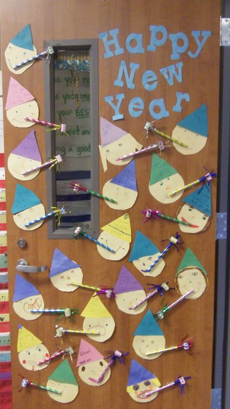 Classroom Door Classroom Door January, Happy New Year Classroom Door Ideas, New Year Door Decorations For School, New Years Bulletin Board Ideas Preschool, New Years Classroom Door, Holiday Classroom Door Decorations, January Classroom Door Ideas, January Door Decorations Classroom, New Year Classroom Door