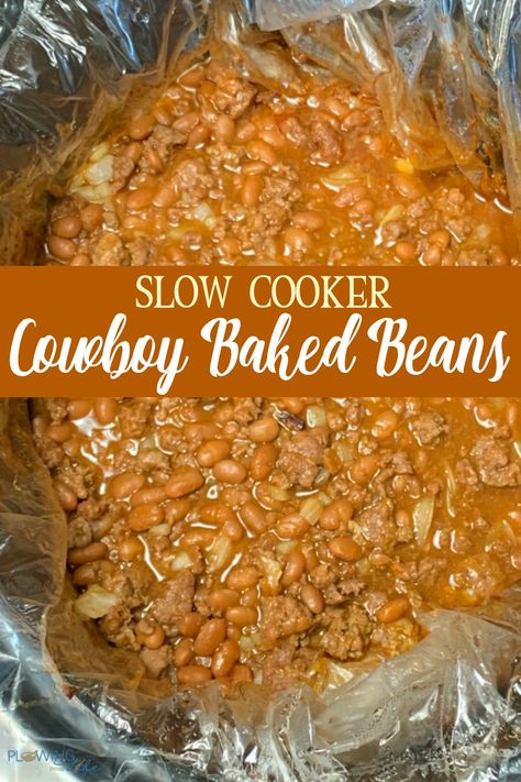 Baked Beans With Hamburger, Beans Recipe Crockpot, Cowboy Baked Beans, Baked Beans Crock Pot, Mom Meals, Slow Cooker Baked Beans, Beans In Crockpot, Sausage Crockpot, Beautiful Baking