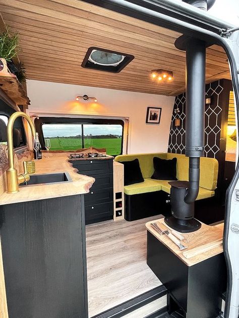 One of our latest builds called Nevis which is a LWB Mercedes Sprinter campervan conversion with a full bathroom / shower room and toilet and also a beautiful cosy woodburner.  She also has our signature live edge worktop and L-shaped sofa. Van Conversion Mercedes Sprinter, Sprinter Van Conversion With Bathroom, Crafter Van Conversion, Campervan Ideas Diy, Campervan Shower Ideas, Van Life Bathroom, Trailer Decorating Ideas, Van With Bathroom, Campervan Decor