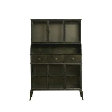 This cabinet features glass doors and a hutch with a sleek black finish and a geometric design that adds a touch of style and charm to any space. The cabinet offers ample storage space with two shelves and three drawers that can hold up to 26.4 pounds and 11 pounds respectively, and six glass doors that have magnets for closure. The cabinet also has an metal back for durability. Whether anyone need more storage space or want to add some flair to any space, this cabinet is the perfect choice. The Antique Library Cabinet, Bar Cabinet Tall, Masculine Coffee Bar, Hutch Bar Ideas, Kitchen Glass Cabinet, Tea Hutch, Black Metal Cabinet, Bar Hutch, Decorative Storage Cabinets