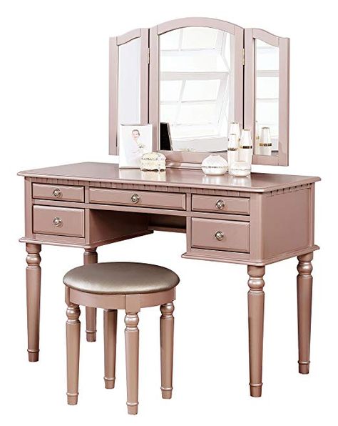 Amazon.com: Bobkona F4072 St. Croix Collection Vanity Set with Stool, Black: Kitchen & Dining Rose Gold Vanity, Bedroom Vanity Set, Foldable Mirror, Gold Vanity, Bedroom Makeup Vanity, Mirror Stool, Trifold Mirror, Gold Furniture, Glam Bedroom