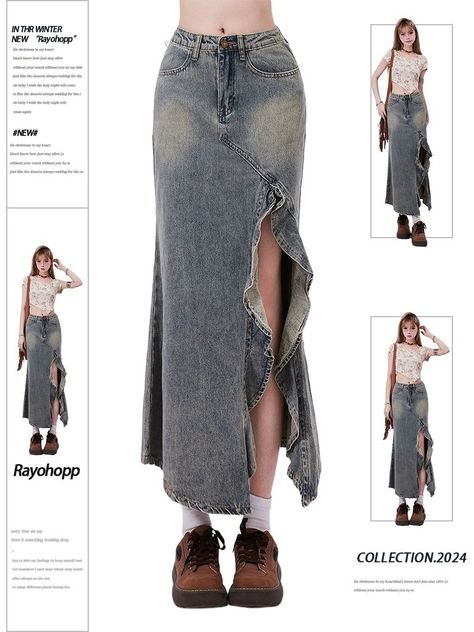 Different Skirt Lengths, Streetwear Long Skirt, Jeans Turned Into Skirt, Skirt Out Of Jeans Diy, Embroidered Jean Skirt, Mermaid Denim Skirt, Denim Skirt Design, Skirt With Jeans Underneath, Turning Jeans Into A Skirt