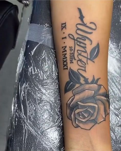 Name Rip Tattoo, Rip Flower Tattoos, Arm Tattoos For Women Names, Name Tattoos For Women Arm, Tattoo For Someone You Love, Rose Arm Tattoos For Women Forearm, R.i.p Tattoos For Women, Forearm Name Tattoos For Women, Tattoo For Mother Who Passed