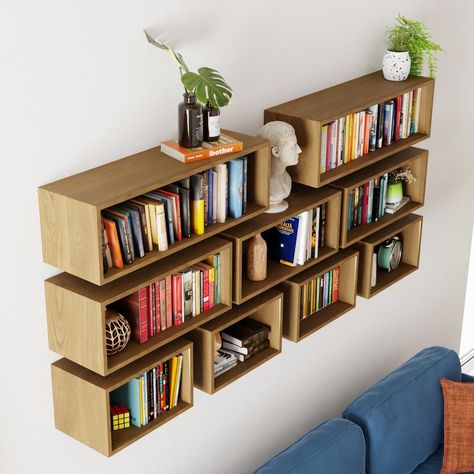 Buy White Oak Floating Bookshelf / Storage Cabinet online on Etsy India. Shop for handmade, vintage and unique Bookshelves items from KrovelFurnitureCo online on Etsy Modern Floating Shelves Living Room, Housing Aesthetic, Floating Furniture, White Oak Furniture, Maple Furniture, Simple Bookshelf, Cherry Furniture, Floating Bookshelf, Floating Bookshelves