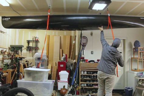 In this DIY tutorial, learn how to put together a nifty little kayak or canoe storage solution with just a few basic hardware store supplies. Diy Kayak Storage Rack, Diy Kayak Storage, Kayak Storage Garage, Canoe Storage, Ceiling Diy, Garage Ceiling Storage, Garage Ceiling, Garage Workshop Organization, Kayak Storage