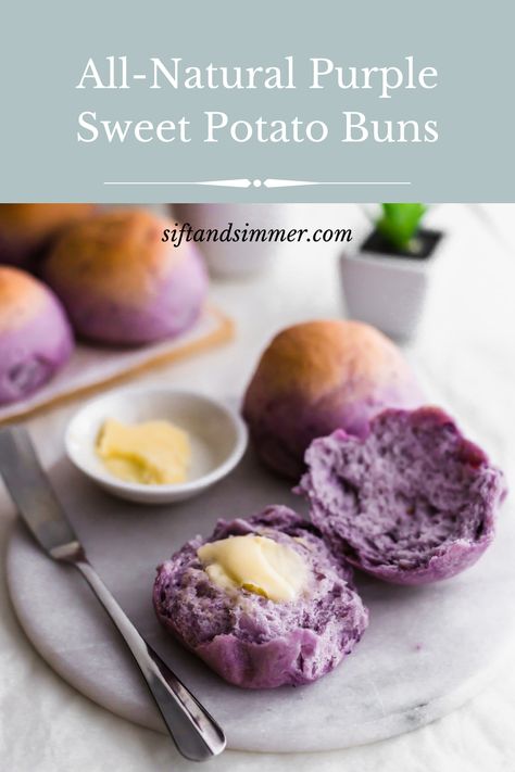 These Purple Sweet Potato Buns are soft, fluffy and naturally purple. The purple sweet potato not only provides colour, but it also adds moisture, (fibre!) and an earthy sweet flavour to the buns. Try a different variety of sweet potato and you’ll get a different colour. #sweetpotato #recipes #breadrecipes #purplesweetpotato #ube #yam #bread #baking @siftandsimmer | #siftandsimmer Purple Sweet Potato Recipes, Japanese Cotton Cheesecake, Bun Bread, Potato Buns, Sweet Potato Powder, Sweet Potato Buns, Sichuan Food, Orange Sweet Potatoes, Potato Muffins