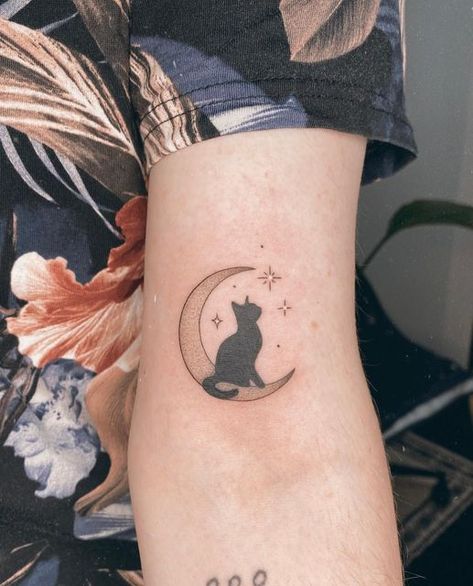 Cat Tattoo Celestial, Cat Moon Stars Tattoo, Cat And Moon Tattoo Design, Cat And Moon Tattoo Simple, Crescent Moon Cat Tattoo, Cat Sitting On Moon Tattoo, Cat In Moon Tattoo, Cat On The Moon Tattoo, Cat And Stars Tattoo