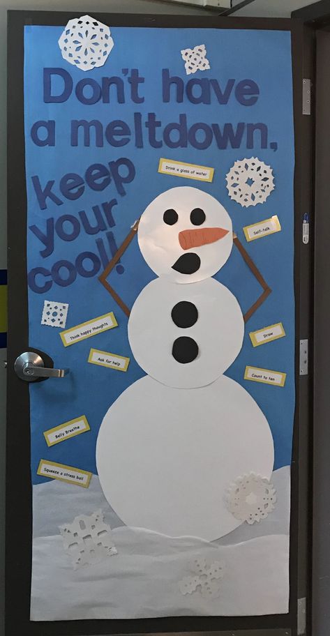 Christmas Door Decorations For Mental Health, Funny Winter Bulletin Boards, Funny Winter Door Decorations For School, Christmas Door Decorating Contest Mental Health, December Bulletin Board Ideas For School, Snow Bulletin Board Ideas, Winter Bulletin Boards For Elementary, Snowflake Bulletin Board, Nurse Door Decorations