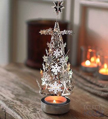 CHRISTMAS TREE Silver Spinning Carousel Rotary Tea Light Candle Holder Spinner in Home, Furniture & DIY, Home Decor, Candle & Tea Light Holders | eBay Candle Spinner, Tea Lights Diy, Tea Lights Christmas, Christmas Tree Silver, Cheap Candles, Christmas Stockings Diy, Tea Diy, Decor Candles, Christmas Stocking Holders