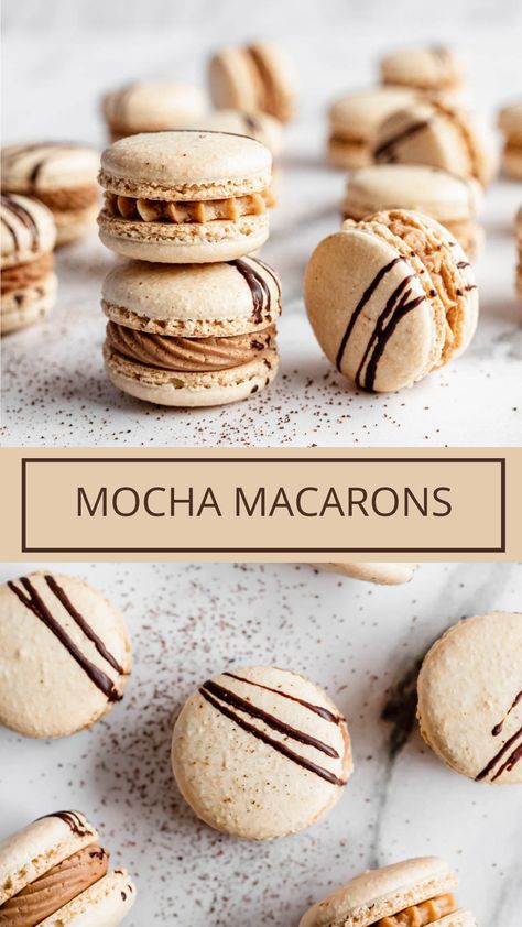 mocha macarons recipe Coffee Macaroons Recipe, Chocolate Coffee Macarons, French Vanilla Macarons, Macaron Cookies Recipe, Flavored Macarons Recipe, Coffee Macarons Recipe, Macaron Farmers Market Display, Macaroon Flavors Recipes, Macaron Flavors Filling