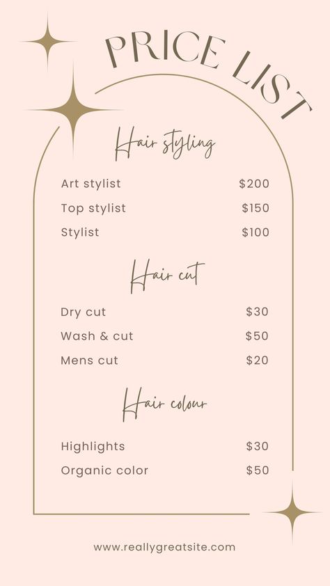 Salon Service Menu Ideas Price List, Aesthetic Price List Template, Hairstylist Instagram Templates, Hair Stylist Price List Template, Hairstylist Price List Template, Hair Services Price List, Hair Salon Price List Ideas, Salon Price List Ideas, Hair Price List Ideas